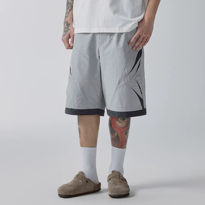 F2CE American style trendy spliced hollow out contrasting color casual shorts for men in summer, loose fit five extension shorts, athletic and breathable