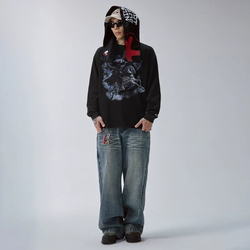 F2CE American washed vintage dark print loose heavyweight long sleeved T-shirt trendy men's and women's round neck base shirt