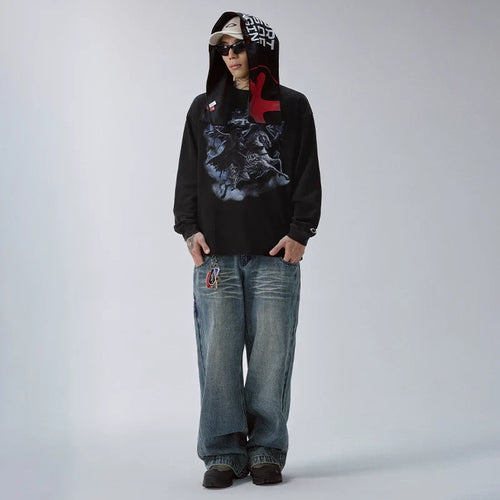 F2CE American washed vintage dark print loose heavyweight long sleeved T-shirt trendy men's and women's round neck base shirt