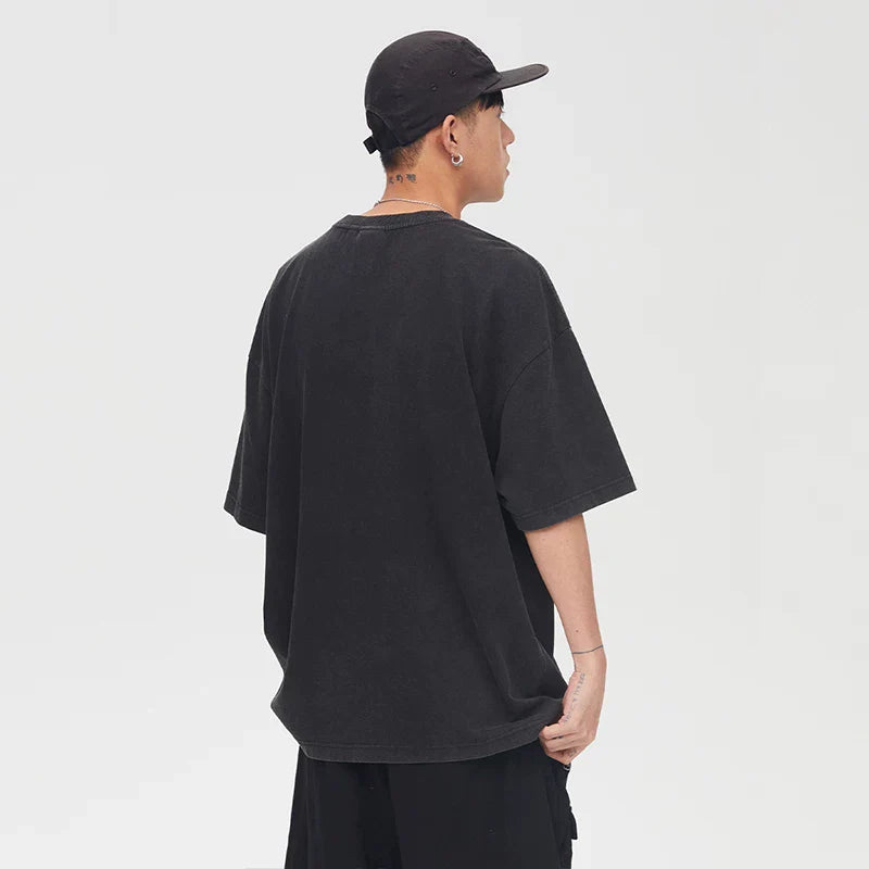 F2CE High Street Vibe vintage print vintage round neck short sleeved casual t-shirt men's loose trendy hip-hop
