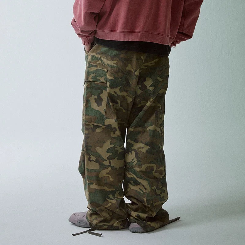 F2CE vintage wide leg loose cleanfit casual straight leg pleated paratrooper pants trendy green camouflage pocket work pants