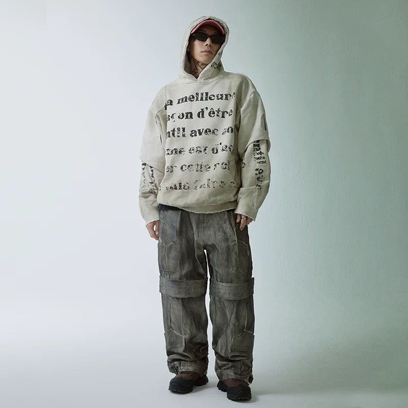 F2CE double-layer heavy-duty deconstruction, old destruction, mud dye printing slogan, loose hooded wide sweatshirt for men and women