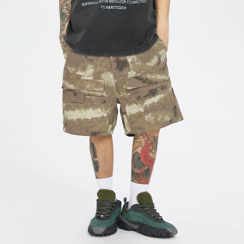 F2CE American retro camouflage shorts, men's high street multi pocket straight leg workwear pants, trendy loose and versatile capris