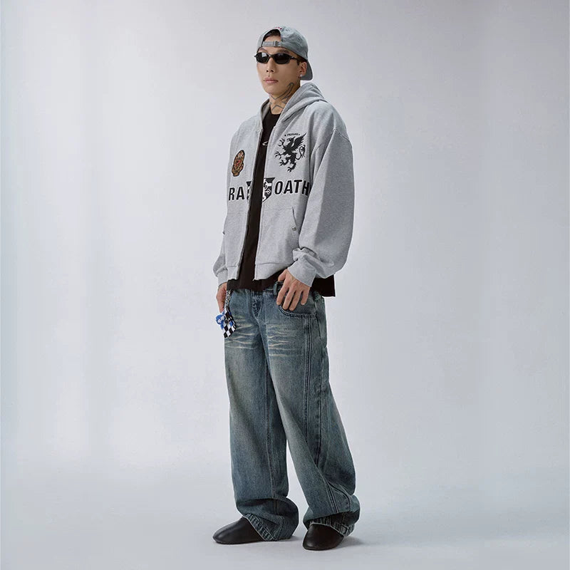 F2CE trendy loose hooded cardigan embroidered gray hoodie men's top autumn/winter casual hoodie zipper jacket