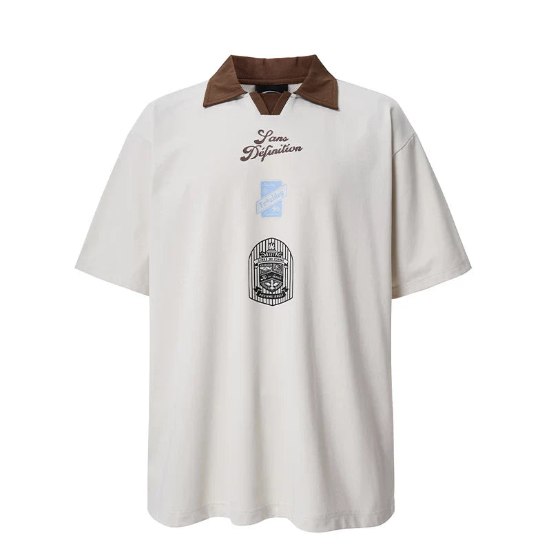 F2CE American college style contrasting color polo quick drying breathable retro badge print loose jersey short sleeved summer trend