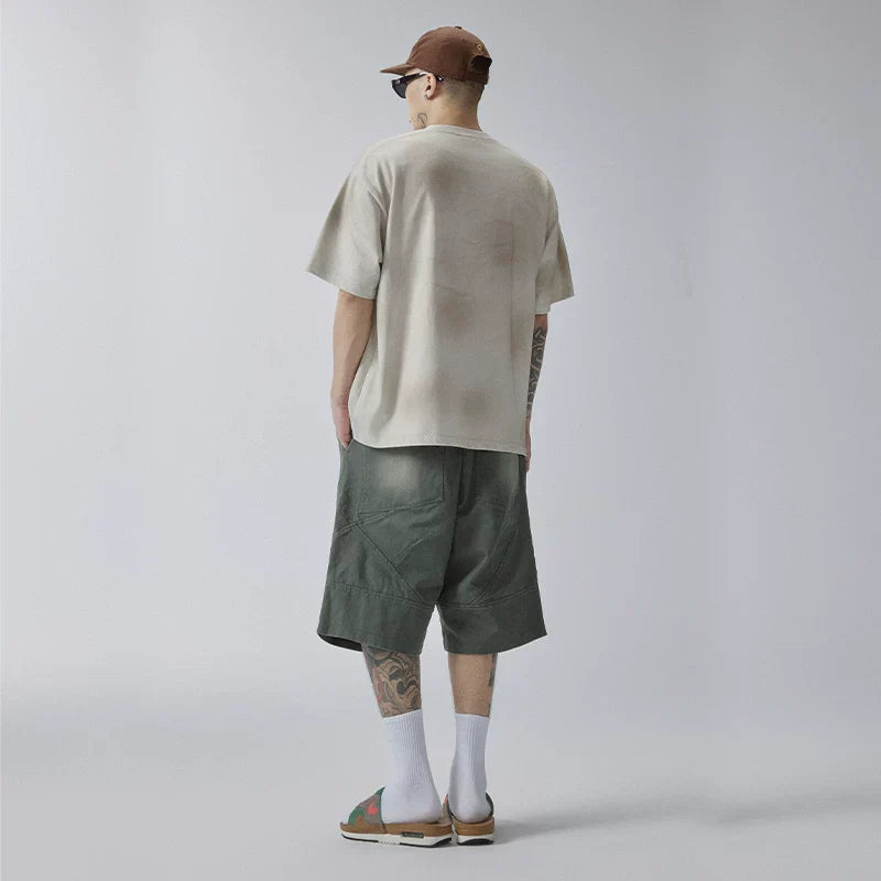 F2CE Trendy Heavy Old Mud Dyeing Printed Short Sleeve Loose Wide Couple Casual Versatile T-shirt Half Sleeve
