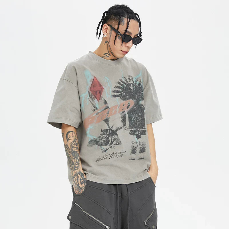 F2CE Printed Vintage Vintage Trendy Do Old Round Neck Short Sleeve Loose Trendy High Street Casual T-shirt for Men and Women