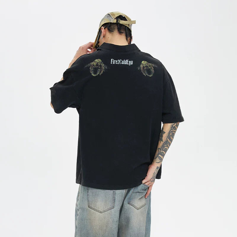 F2CE Heavyweight Washed Old POLO Shirt American Retro High Street Printed Couple T-shirt Summer Loose Casual Short Sleeve