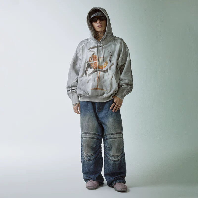 F2CE trendy loose wide loop cotton dirty dye printed dark hooded sweatshirt for men and women couple hoodie