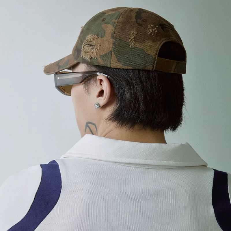 F2CE vintage American worn-out camouflage duckbill cap embroidered logo shallow curved brim cap for men and women casual couple baseball cap