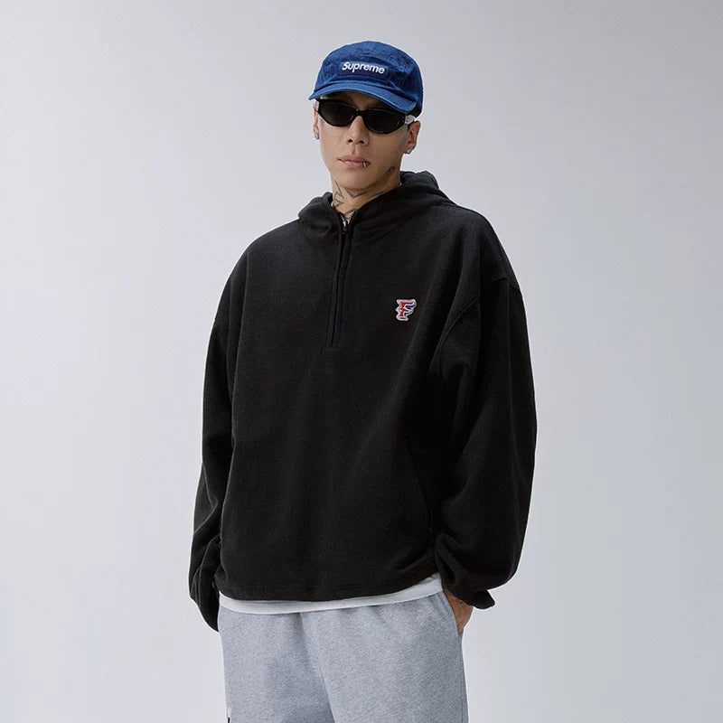 F2CE retro thick pullover hooded half zip sweatshirt with fleece fleece cap for couples, loose autumn and winter American jacket