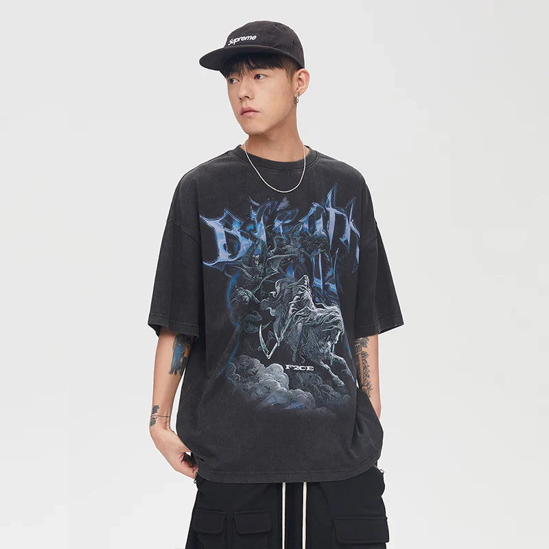 F2CE High Street Vibe vintage print vintage round neck short sleeved casual t-shirt men's loose trendy hip-hop