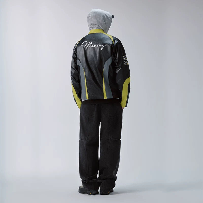 F2CE splicing contrasting embroidered leather jacket, loose American avant-garde motorcycle stand up collar leather jacket, racing suit, casual jacket