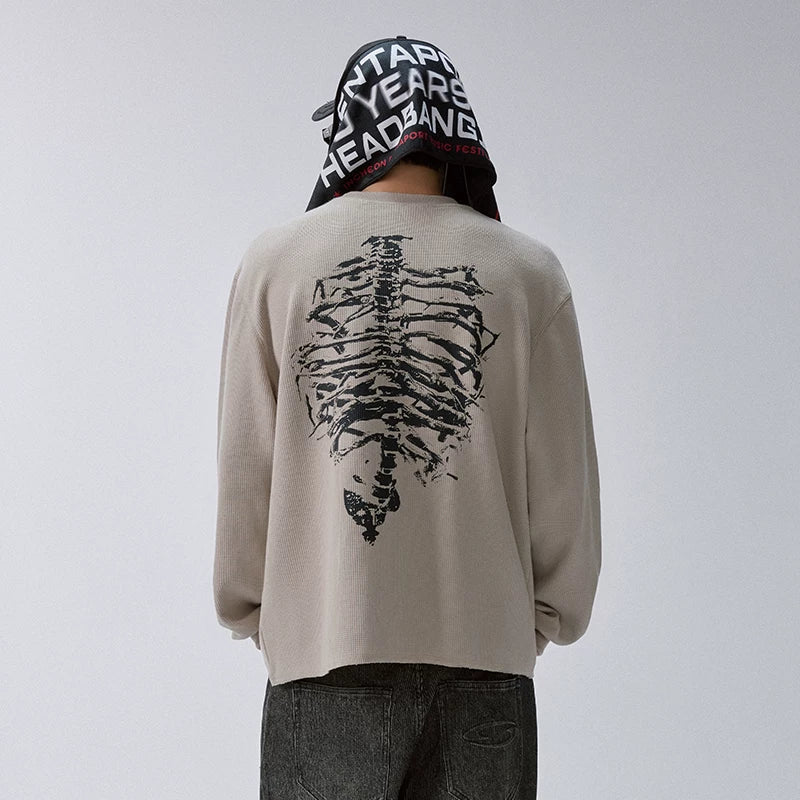 F2CE Men's Heavyweight Waffle Knit Skeleton Graphic Sweatshirt, Oversized Crewneck Long Sleeve Streetwear Top