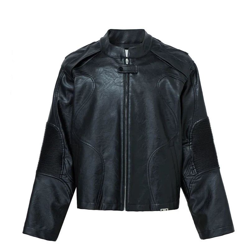 F2CE deconstruction splicing heavyweight stand up collar black leather jacket loose motorcycle leather jacket men's silhouette Vibe casual trendy jacket