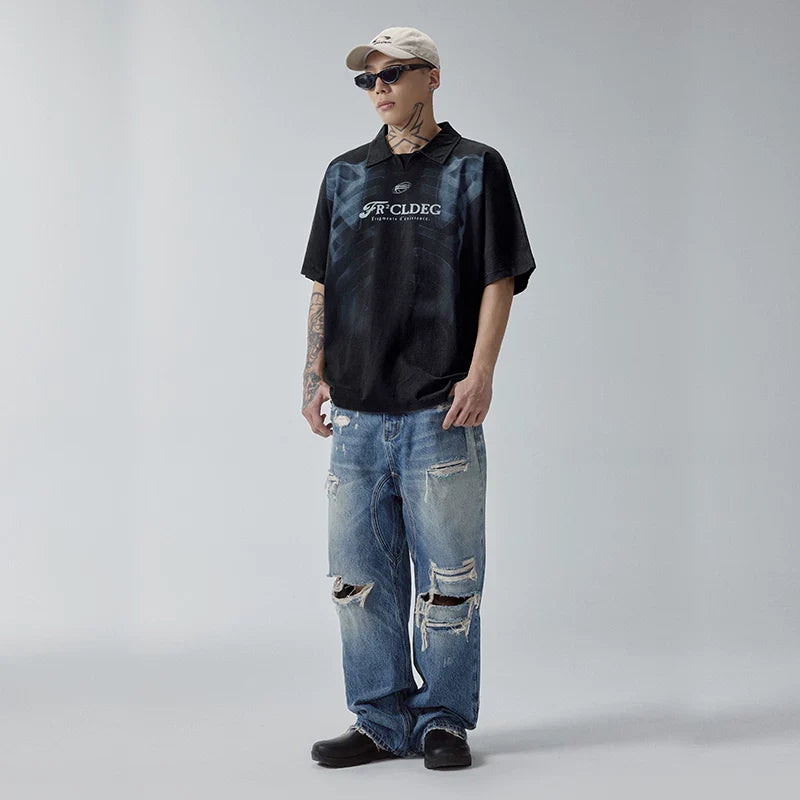 F2CE heavy-duty washed vintage polo shirt, American retro high street printed couple T-shirt, summer loose casual short sleeved shirt