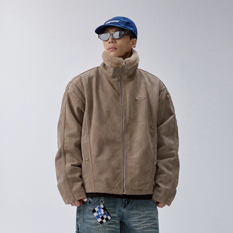 F2CE Trendy Mountain Carving with Velvet Thickened Warm and Cold Resistant Coat for Men, Heavy Weight Old Suede Leather Jacket, Wool Collar Cotton Jacket