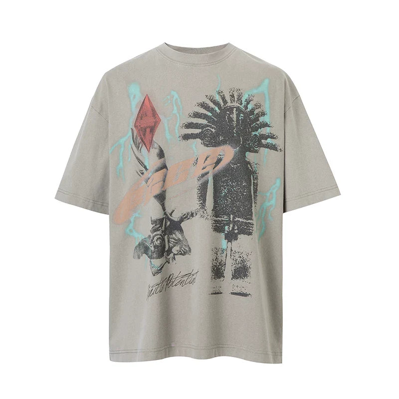 F2CE Printed Vintage Vintage Trendy Do Old Round Neck Short Sleeve Loose Trendy High Street Casual T-shirt for Men and Women