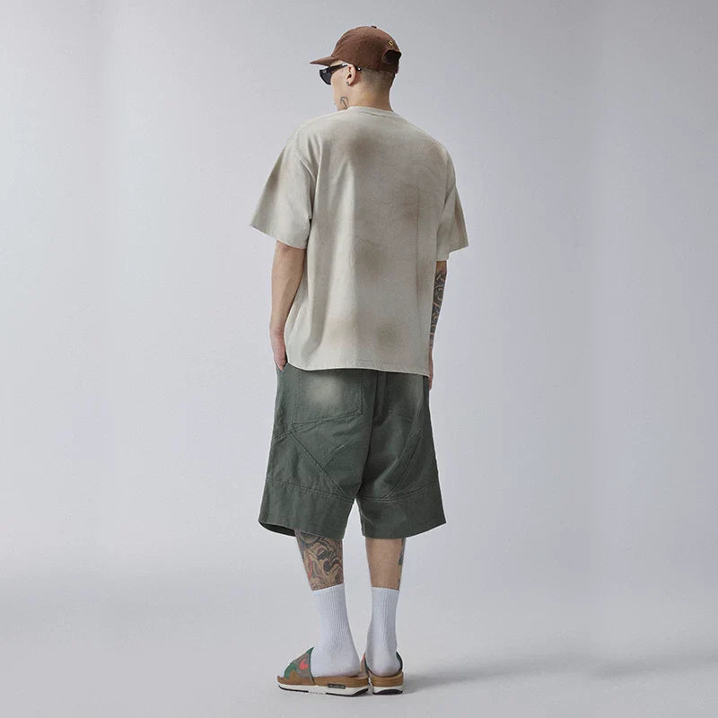 F2CE vintage loose trendy shorts American high street men's summer pocket wide leg workwear washed gradient cropped pants