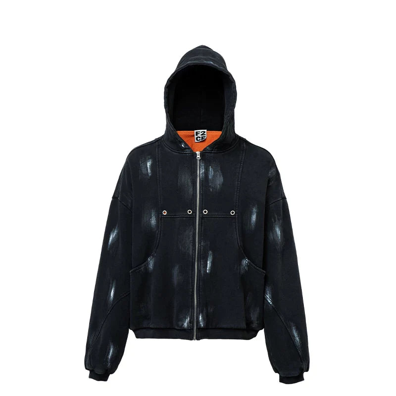 F2CE Trendy Hooded Cardigan Cotton Coat Hand Painted Loose Zipper Casual Warmth with Velvet Vibe Cotton Coat Trendy