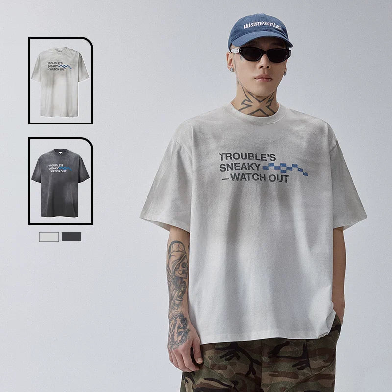 F2CE trendy vintage mud dye printed slogan short sleeved loose wide couple casual versatile T-shirt