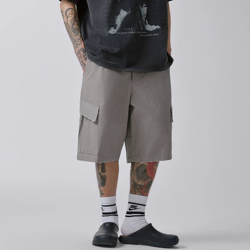 F2CE American style trendy high street Vibe pocket zipper workwear with heavy-duty loose wear and tear casual shorts for men