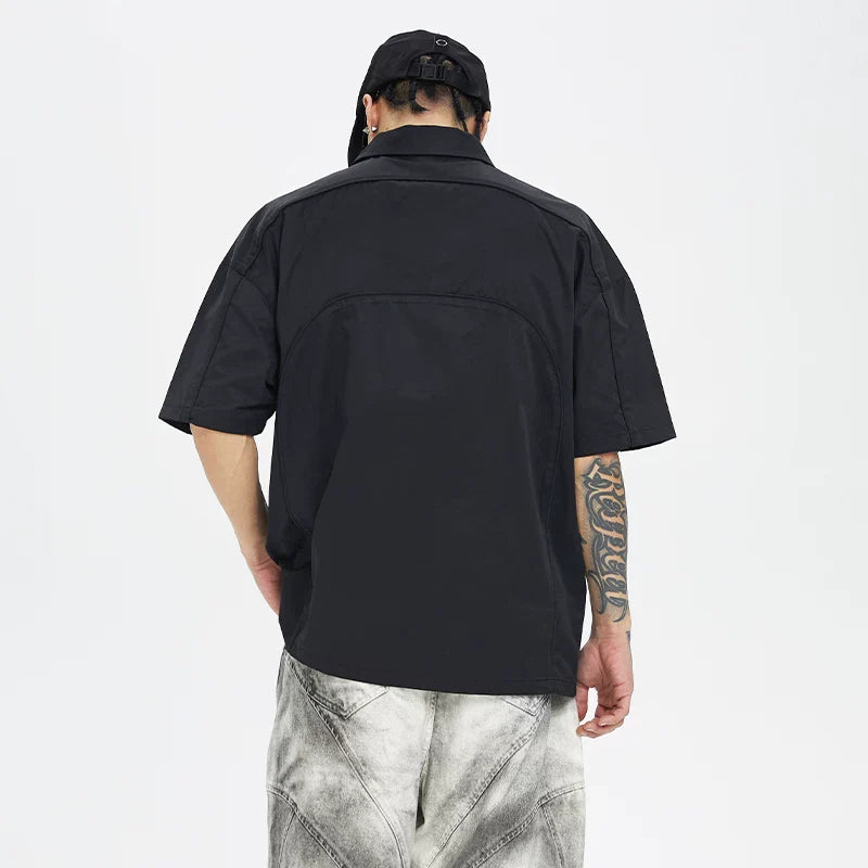 F2CE loose silhouette dark skeleton three-dimensional shirt high street trendy American metal logo functional short sleeved men