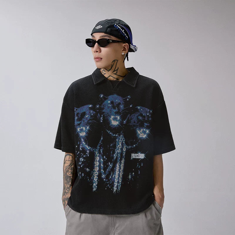 F2CE heavy-duty washed vintage polo shirt, American retro waffle print couple T-shirt, loose casual short sleeved shirt