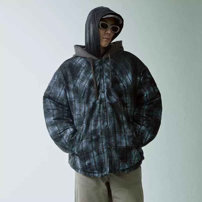 F2CE Trendy Loose Cotton Jacket Hooded Stacked Wear, Vintage Plaid Loose Wide Warm Cotton Clothes, Vibe Jacket Jacket