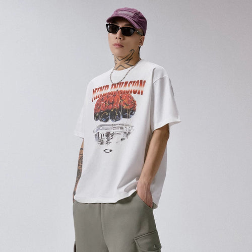 F2CE American high street cyberwind brain print short sleeved loose oversized silhouette couple casual T-shirt trend