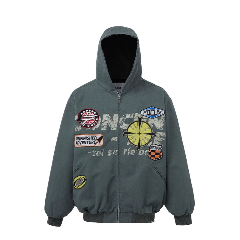 F2CE trendy loose and wide heavyweight distressed canvas embroidered printed hooded Vibe jacket retro autumn and winter jacket