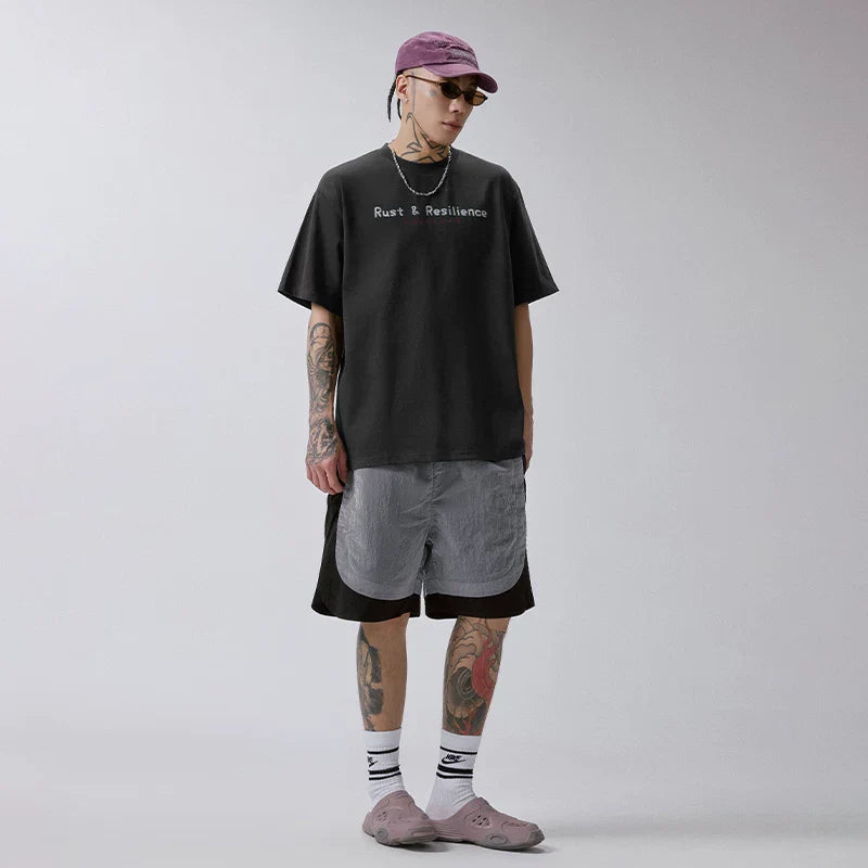 F2CE Heavy duty Washed Vintage American Trendy Metal Logo Printed T-shirt High Street Summer Loose Casual Short Sleeve