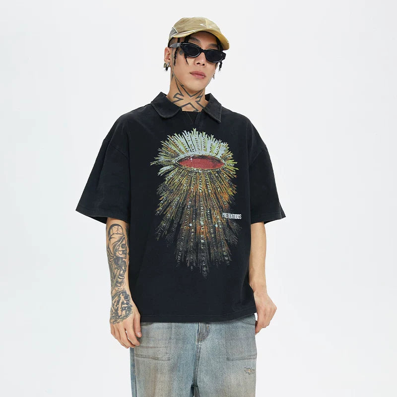 F2CE Heavyweight Washed Old POLO Shirt American Retro High Street Printed Couple T-shirt Summer Loose Casual Short Sleeve