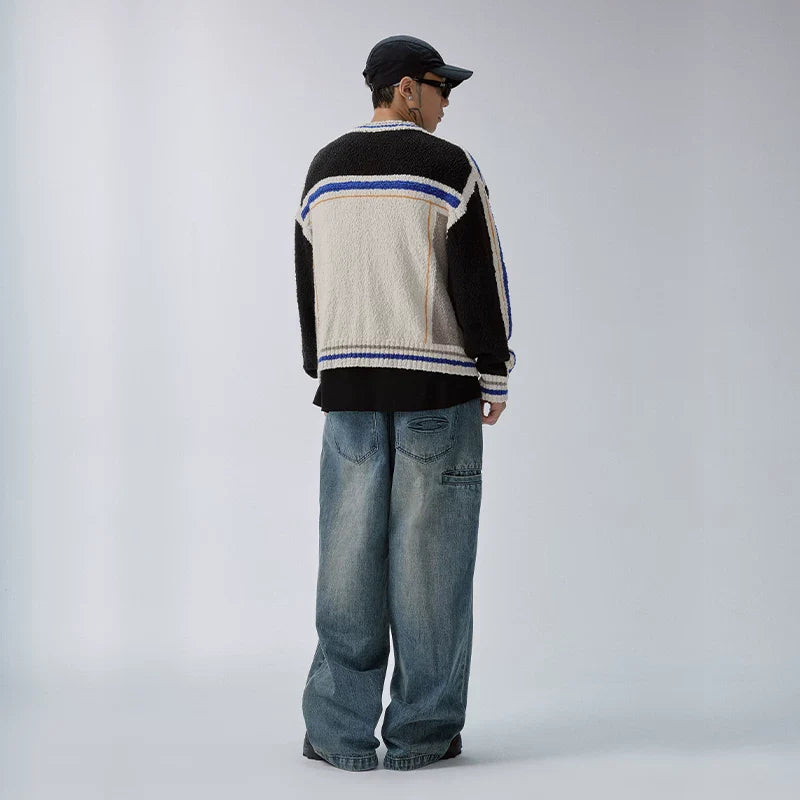 F2CE trendy patchwork contrasting couple sweater lazy cardigan warm and loose casual knit sweater zipper jacket