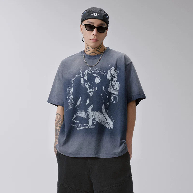 F2CE heavyweight pure cotton gradient washed portrait printed T-shirt, American style vintage loose shoulder short sleeved, unisex