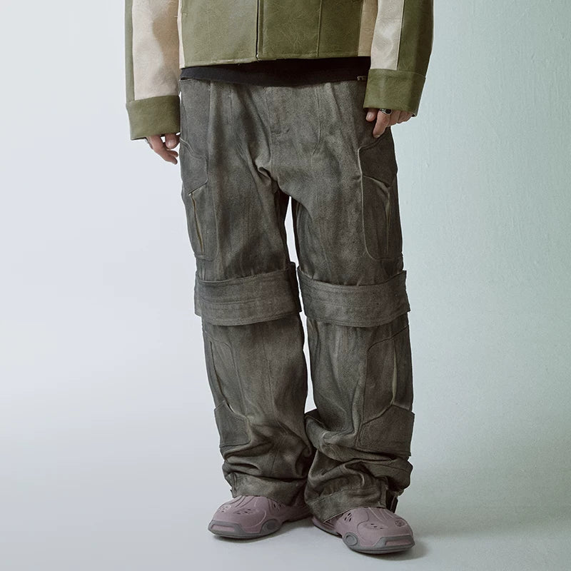 F2CE distressed dyed symmetrical loose silhouette straight tube multi pocket wide leg workwear pants dark trendy casual pants for men