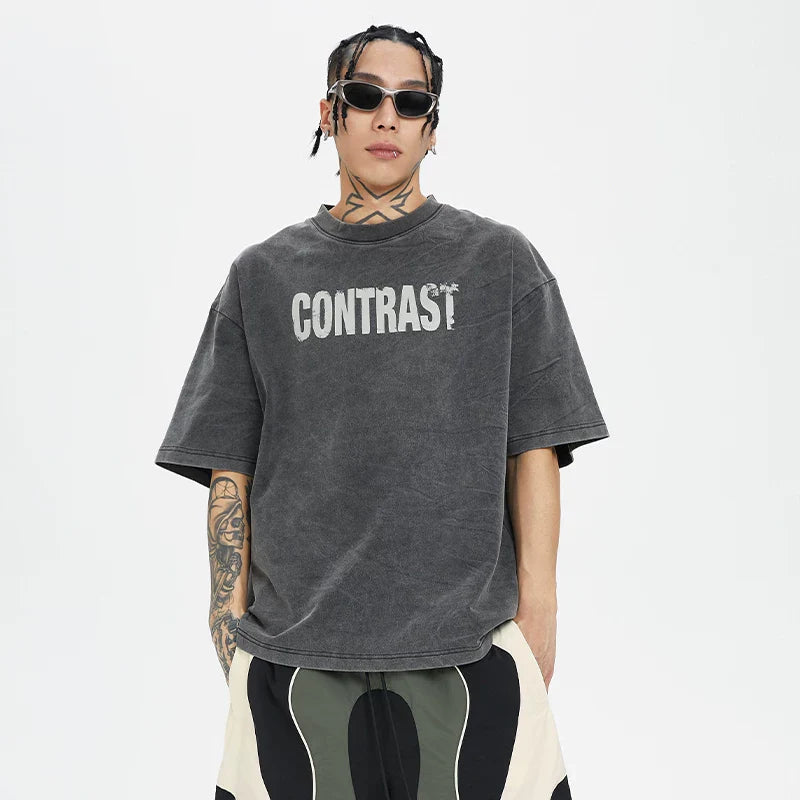 F2CE basic slogan print summer couple short sleeved heavyweight vintage clean fit simple T-shirt for men and women