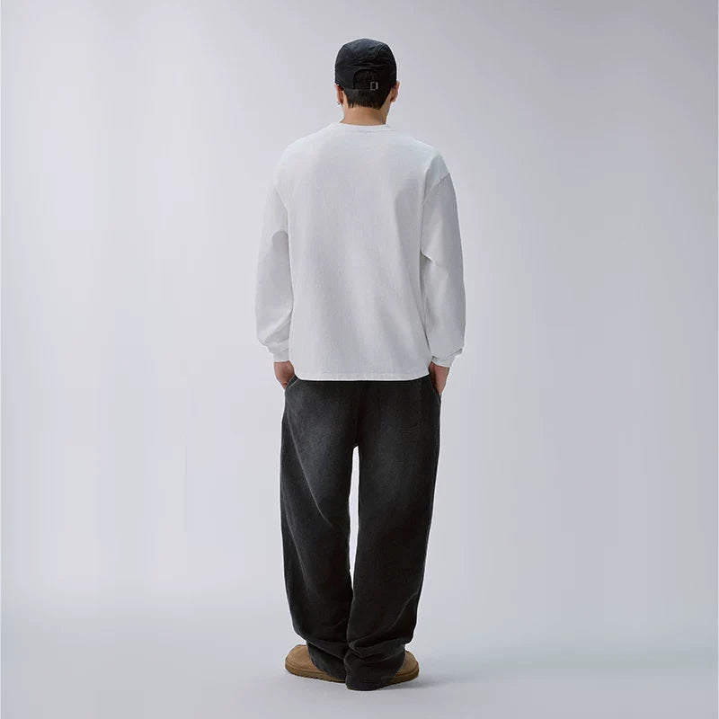 F2CE heavy-duty washed water distressed printed sweatpants for men, loose straight leg wide style trendy casual pants