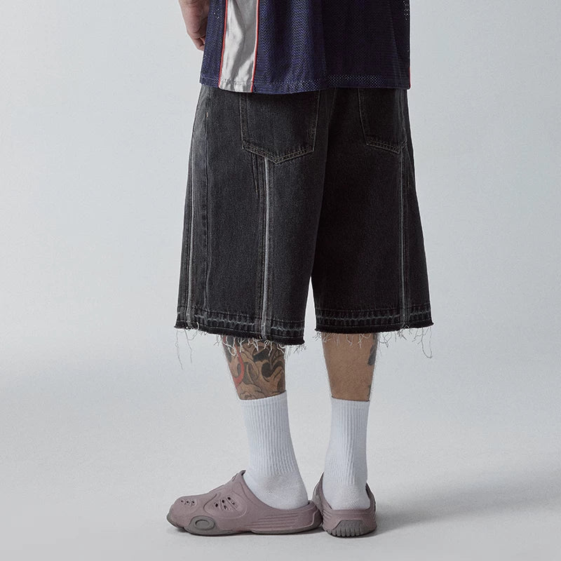 F2CE washed over knee denim shorts with loose silhouette and frayed edges, Vibe casual versatile cropped pants