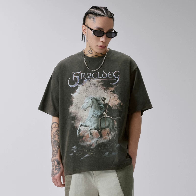 F2CE heavyweight trendy T-shirt washed and worn, American retro vintage print, high street summer loose casual short sleeved shirt