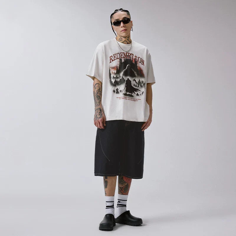 F2CE American Trendy Men's T-shirt Heavy Retro Vintage High Street Printed Couple Summer Loose Casual Short Sleeve