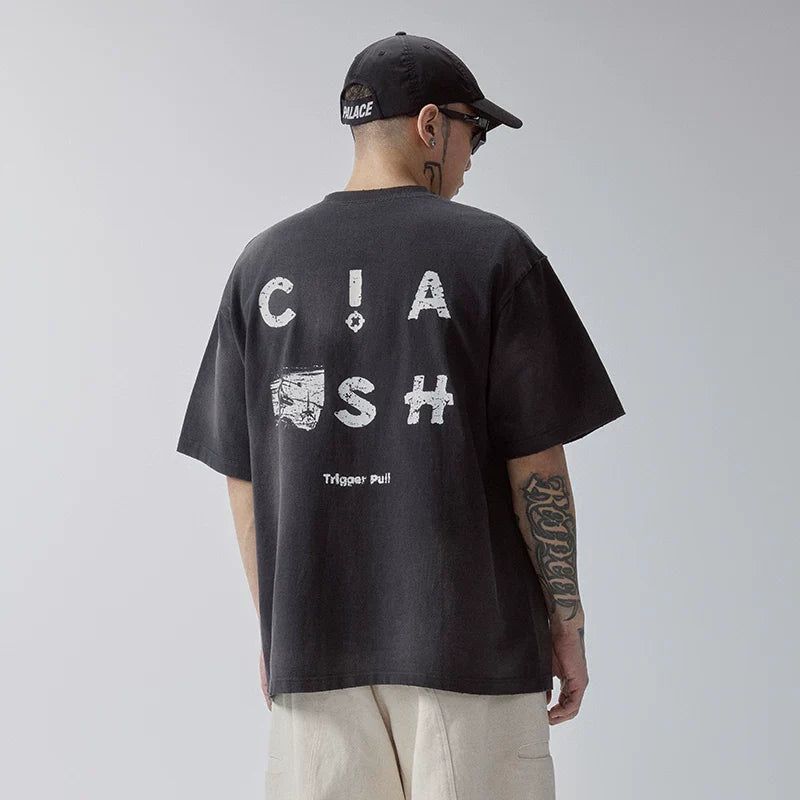 F2CE Heavy duty Washed Gradient Old American Retro High Street Trendy Printed T-shirt Summer Loose Casual Short Sleeve