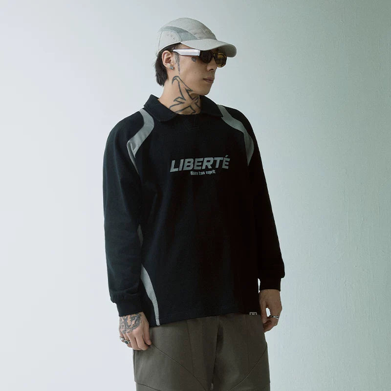 F2CE American Trend Splicing Color Contrasting T-shirt Printed Men's and Women's Loose Wide Casual Shirt Style Polo Collar Long Sleeve