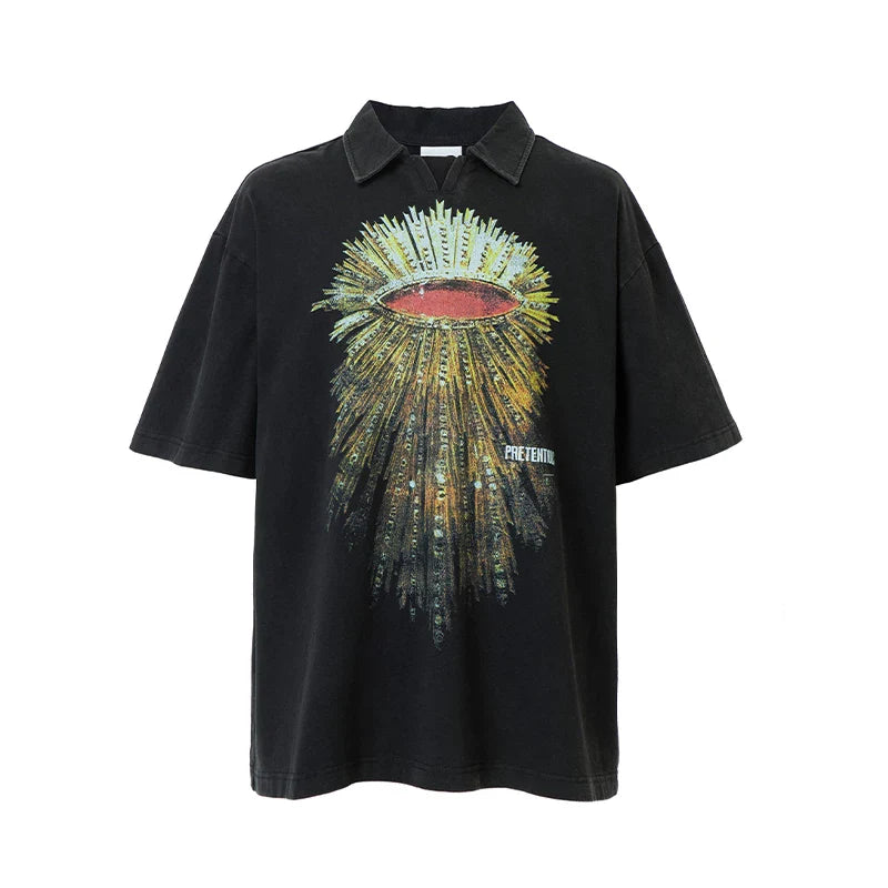F2CE Heavyweight Washed Old POLO Shirt American Retro High Street Printed Couple T-shirt Summer Loose Casual Short Sleeve