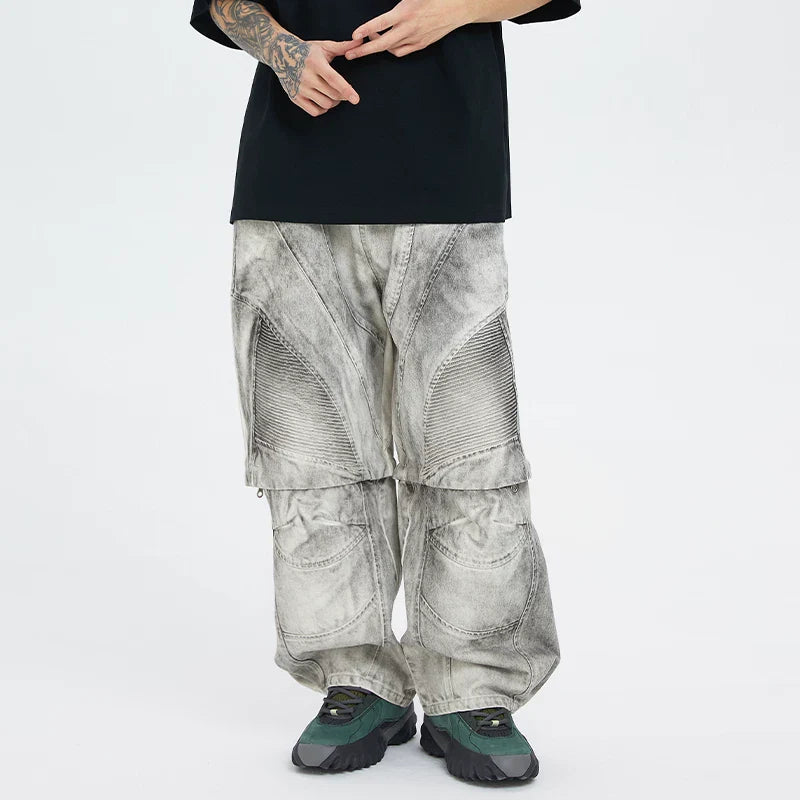 FCE detachable one pair, two pairs, loose straight leg, worn, paratrooper pleated pants, workwear, denim pants, 7-inch shorts