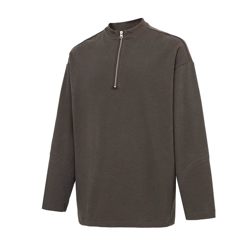 F2CE heavyweight basic solid color small stand up collar zipper long sleeved base T cotton American retro casual men's top autumn