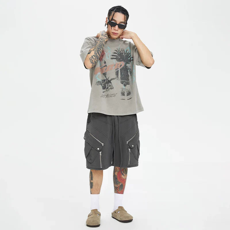 F2CE Printed Vintage Vintage Trendy Do Old Round Neck Short Sleeve Loose Trendy High Street Casual T-shirt for Men and Women
