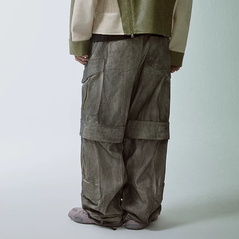 F2CE distressed dyed symmetrical loose silhouette straight tube multi pocket wide leg workwear pants dark trendy casual pants for men