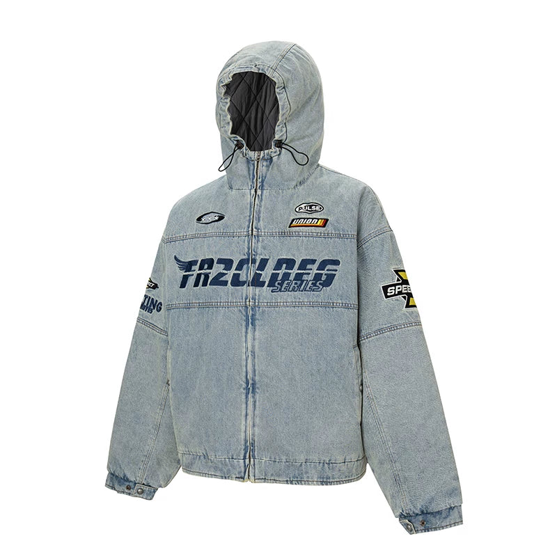 F2CE American retro denim cotton jacket washed and worn loose casual embroidered hooded cardigan jacket trendy cotton jacket