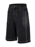 F2CE washed over knee denim shorts with loose silhouette and frayed edges, Vibe casual versatile cropped pants